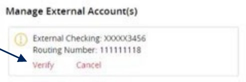 Manage External Accounts list showing Verify link for an external account.