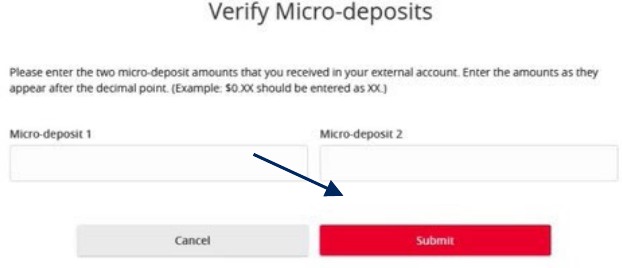 Verify External Account form with fields for the two micro-deposit amounts and Submit button.