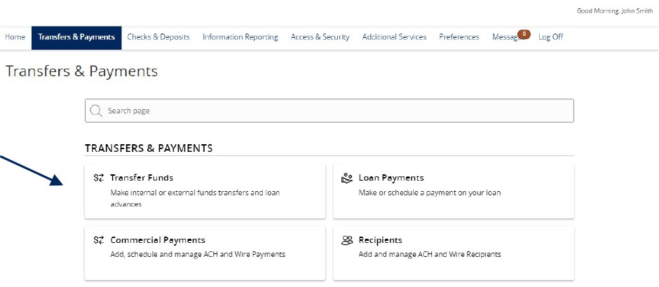 Transactions and Payment showing Internal Transfers.
