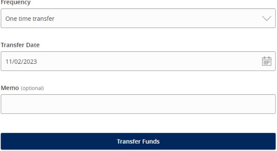 Transfer fields for frequency, transfer date, optional memo, and the Transfer Funds button.