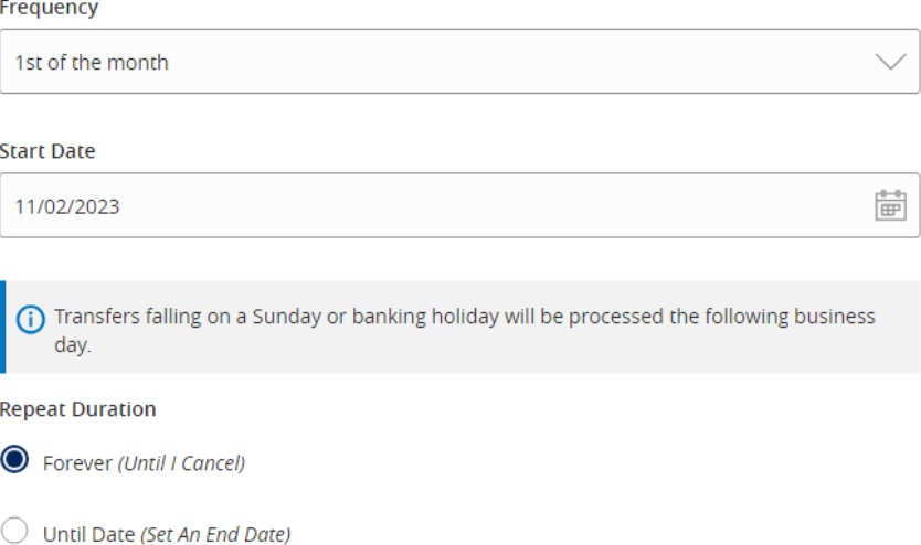 Repeat Duration options showing Forever (Until I Cancel) and Until Date (Set An End Date) with an End Date calendar field.