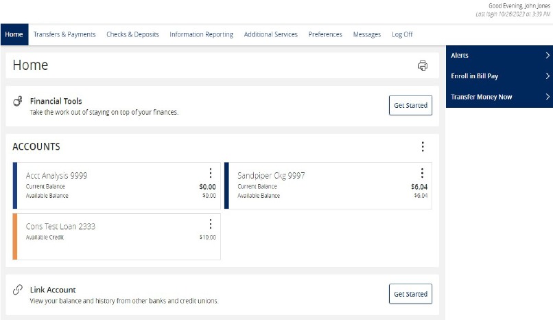Home screen with Home selected, submenu links for Alerts, Enroll in Bill Pay, and Transfer Money Now, plus Financial Tools, account list, and Link Account Get Started button.