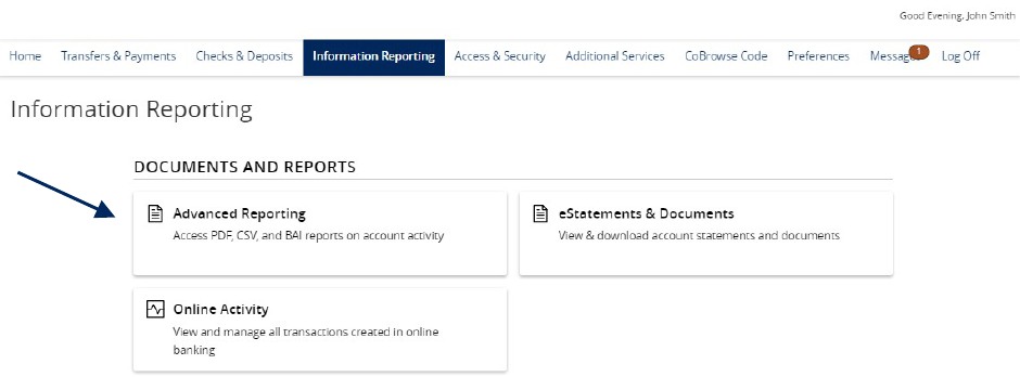 Information Reporting on the menu bar and an arrow showing Advanced Reporting.