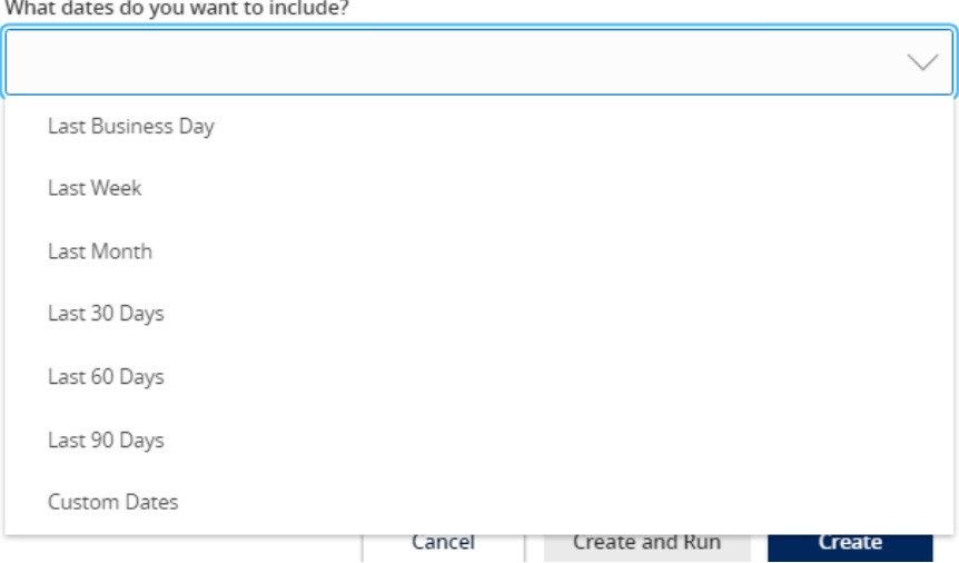 Date content with options to select the following; Last Business Day, Last Week, Last Month, Last 30 Days, Last 60 Days, Last 90 Days and Custom Dates.