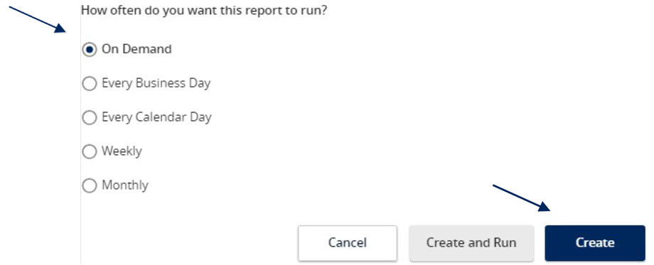 Select how often you want the report to run: On Demand, Every Business Day, Every Calendar Day, Weekly and Monthly.