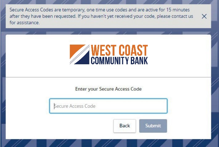 Secure Access Code entry screen with instructions, a Secure Access Code field, Back button, and Submit button.