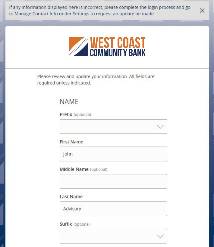 User Profile review screen with name fields for Prefix, First Name, Middle Name, Last Name, and Suffix.