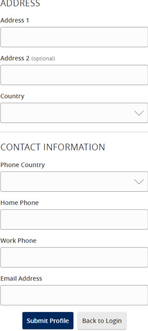 User Profile form with address and contact information fields, plus Submit Profile and Back to Login buttons.