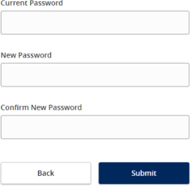 Password form with Current Password, New Password, and Confirm New Password fields, plus Back and Submit buttons.
