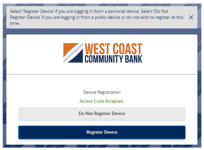 Device Registration screen showing Do Not Register Device and Register Device options after the access code is accepted.