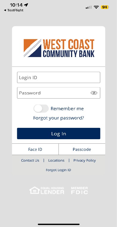 A West Coast Community Bank mobile application login screen. The screen contains: West Coast Community Bank logo, Login ID box, Password box, Remember me toggle on/off, Forgot your password? Reset link, Log In button, Face ID and Passcode. Next are the following links: Contact Us, Locations, Privacy Policy, and Forgot Login ID.