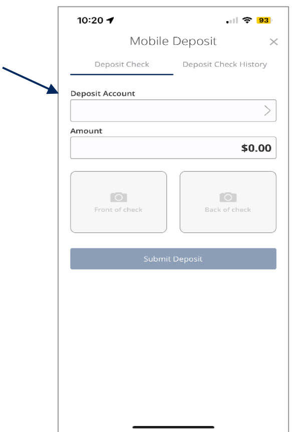 Mobile Deposit screen with field for: Deposit Account, $ Amount, Front of Check, Back of Check and Submit Deposit.
