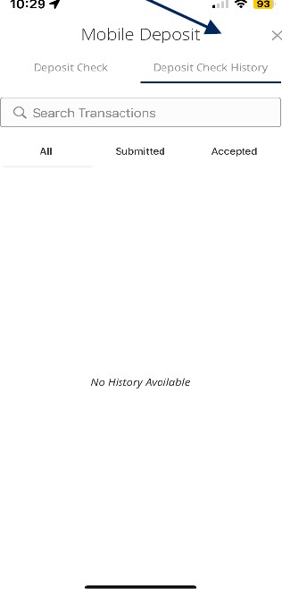 Mobile Deposit with Deposit Check History highlighted. The screen also includes a field to Search Transactions, with All, Submitted and Accepted below.