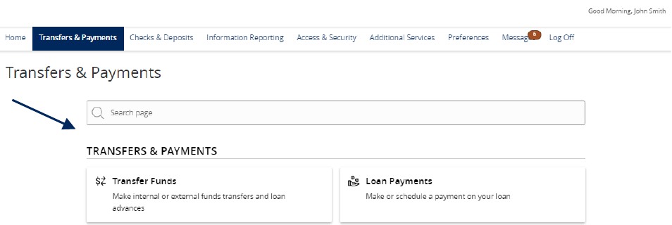 Transfers and Payments menu showing Internal Transfers.