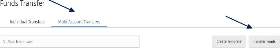 Funds Transfer showing Multi Account Transfer and Transfer Funds.