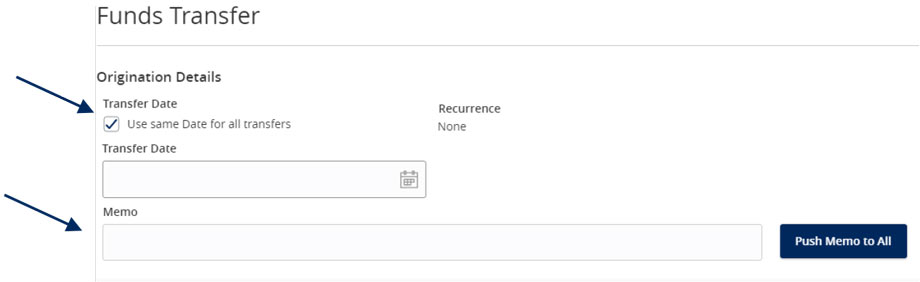 Funds Transfer showing transfer initiation date, and an optional memo.