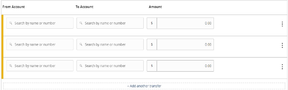 Fields to enter From Account information, To Account information, and Amount for each transaction.