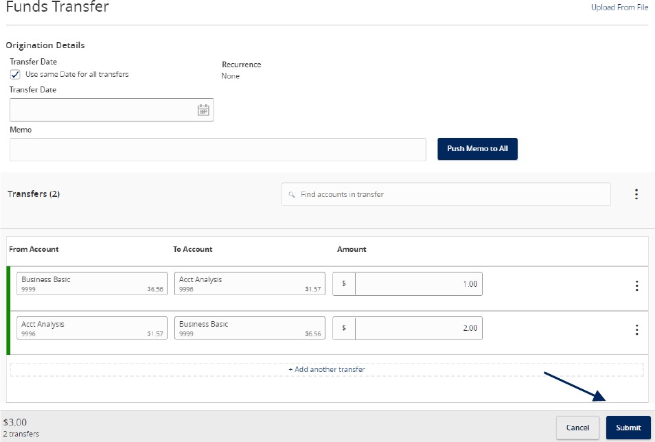 Funds Transfer form and how it allows you to review your selections, with options to Cancel, Draft or Approve.