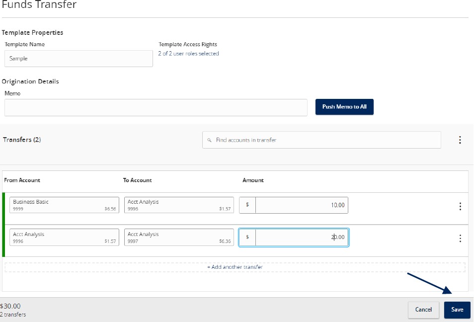 Funds Transfer options with template name and account form options.
