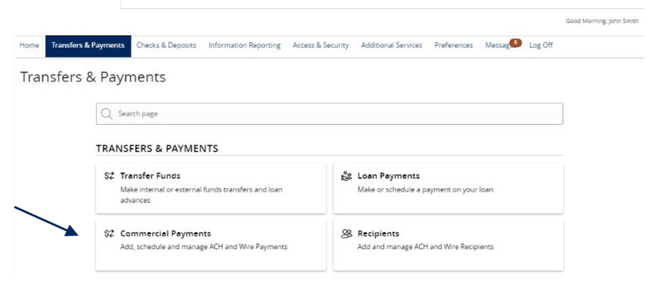 Transfers and Payments menu showing Commercial Payments.