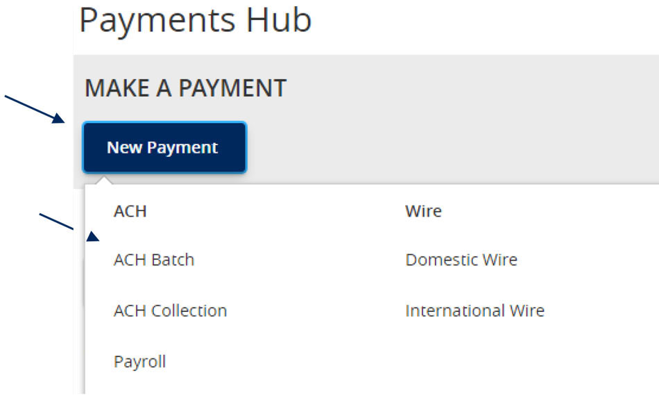 Payments Hub menu with New Payment and ACH Batch selected from the list.