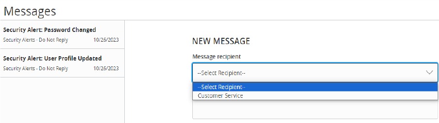 Messages page showing Message recipient from a dropdown menu.