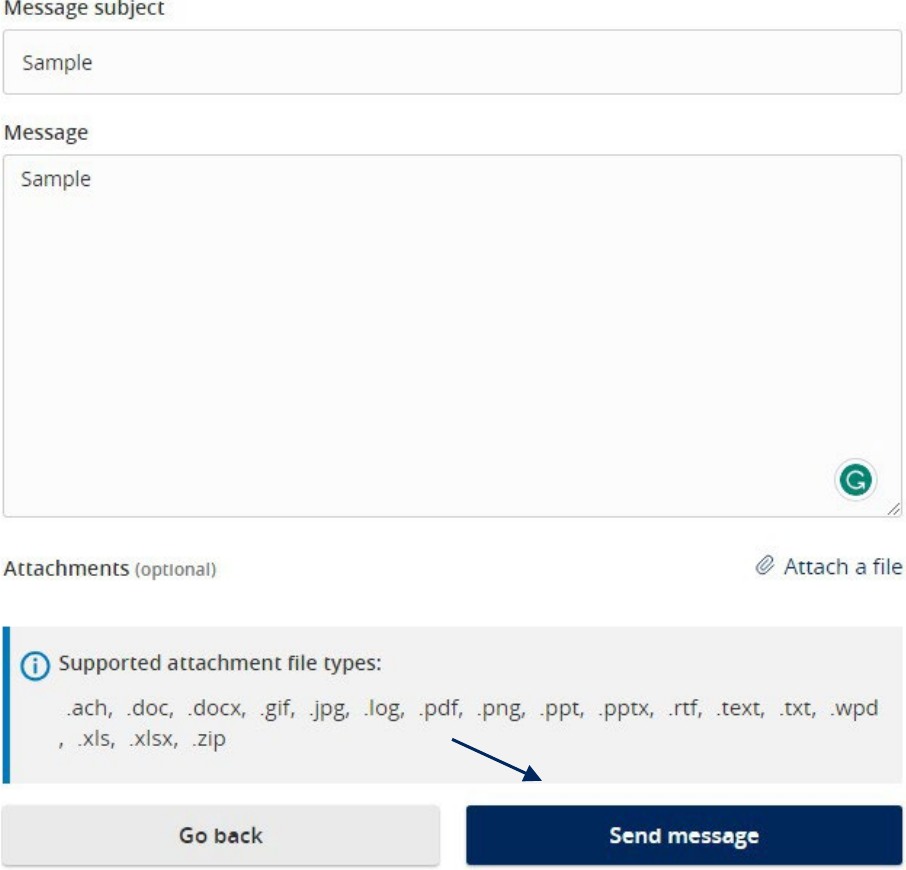 Message form showing Send Message and supported file types that may be attached.