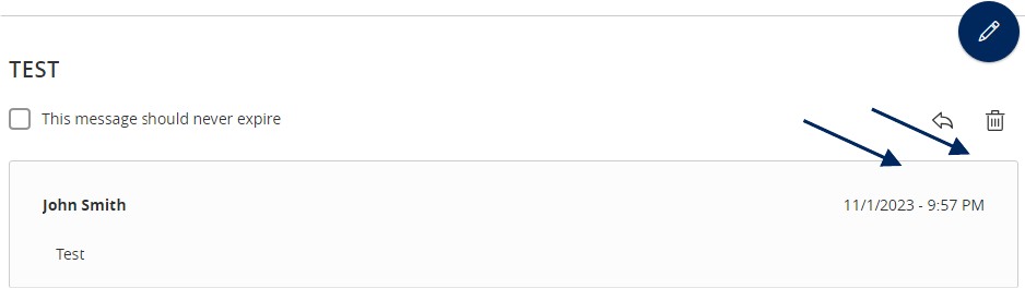 A Message showing arrow icon to reply to a message, or the trash bin to delete a message.