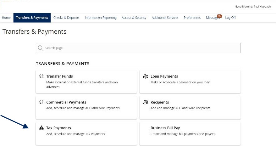 Transfers and Payments showing Tax Payments.