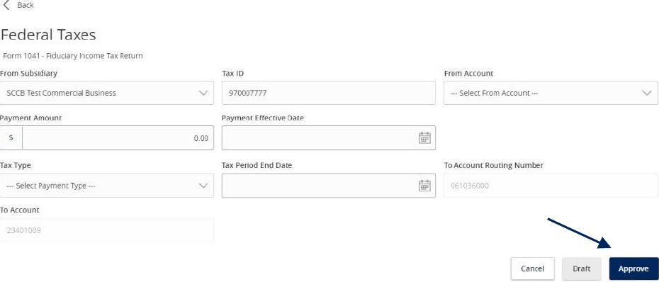 Federal Taxes review screen with Cancel, Draft, and Approve options and fields for subsidiary, tax ID, account, amount, effective date, tax type, tax period end date, and routing number.