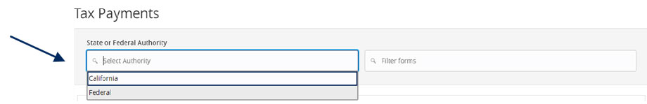 Tax Payments showing corresponding state in the State or Federal Authority drop down menu.