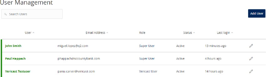 User Management, showing Add User button and the pencil icons below the Add User button.