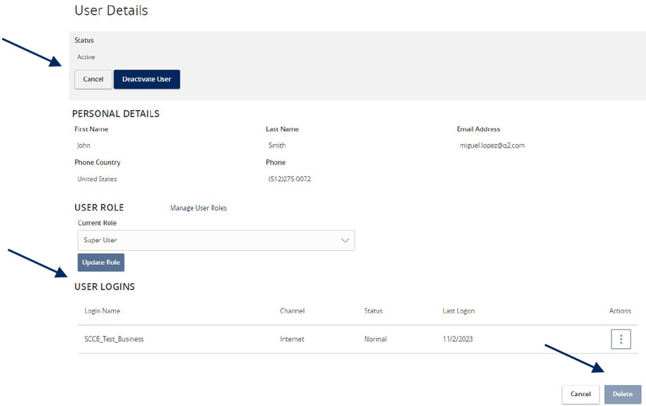 User Details showing Deactivate User, as well as User Role, User Logins and the Delete button.