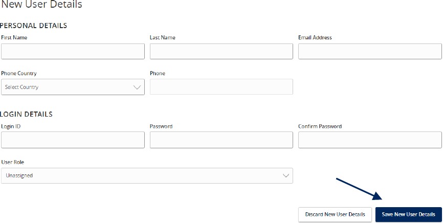 New User Details showing Personal Details and Login Details, and the Save New User Details button.