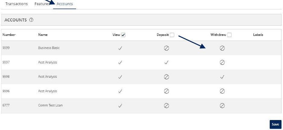 Accounts options and the Accounts tab and selections available for View, Deposit, and Withdraw.