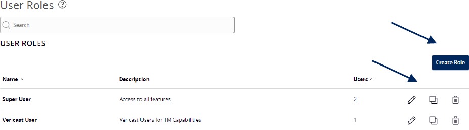 User Roles, showing Create Role button and the pencil, double paper icon, and trash icons below the Create Role button.