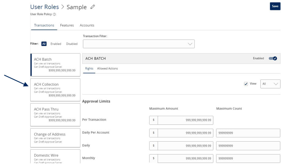 User Roles showing ACH Collection.