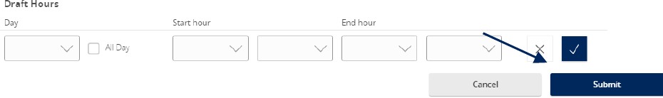 Draft Hours options showing Day, Start Hours, and End Hours and the submit button.