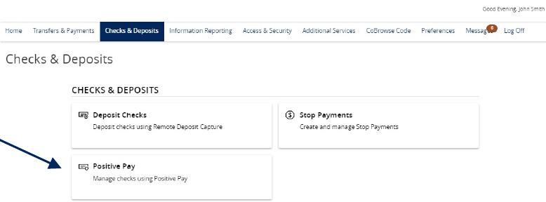 Checks and Deposits menu showing Positive Pay.