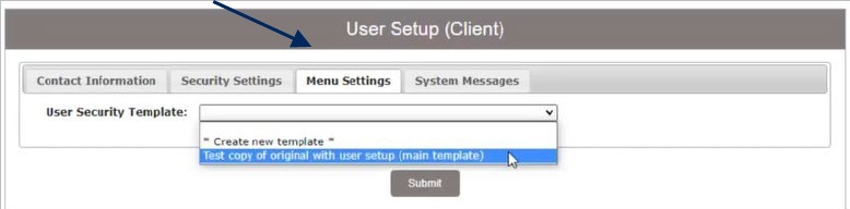 User Setup (Client) screen showing Menu Settings tab and User Security Template dropdown.