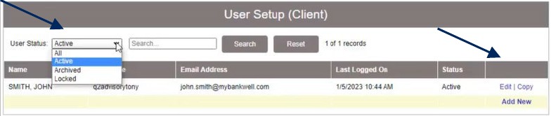 User Setup (Client) screen with User Status search dropdown, Edit button, and Copy button for existing users.
