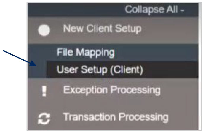 Menu with New Client Setup selected and User Setup (Client).