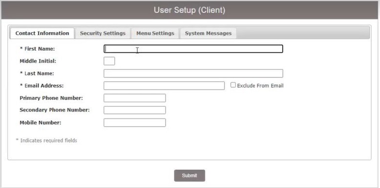 User Setup (Client) Contact Information tab showing required and optional fields to be completed.