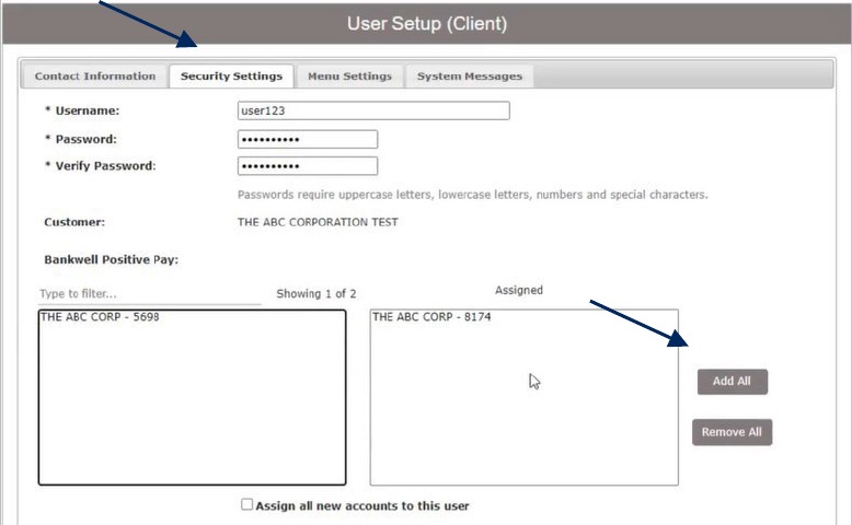 User Setup (Client) screen showing Security Settings tab and Add All option.