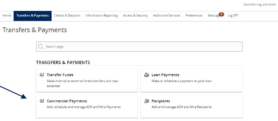 Transfers and Payments menu showing Commercial Payments.