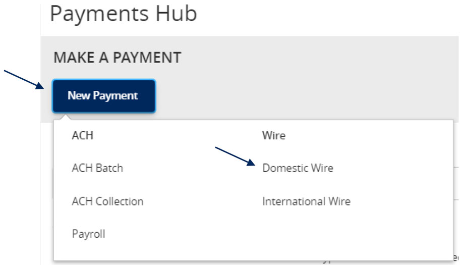 Payments Hub menu with Domestic Wire selected for a new payment.