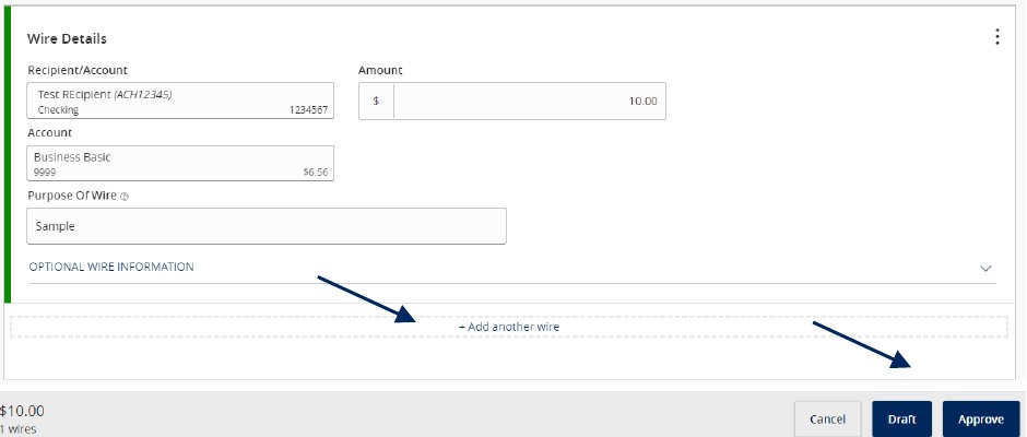 Wire Details section with Add another wire, Cancel, Draft, and Approve options.