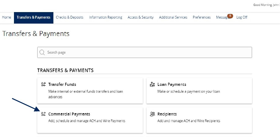 Transfers and Payments menu showing Commercial Payments.