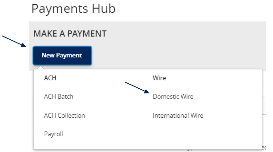 Payments Hub menu with Domestic Wire selected for a new payment.