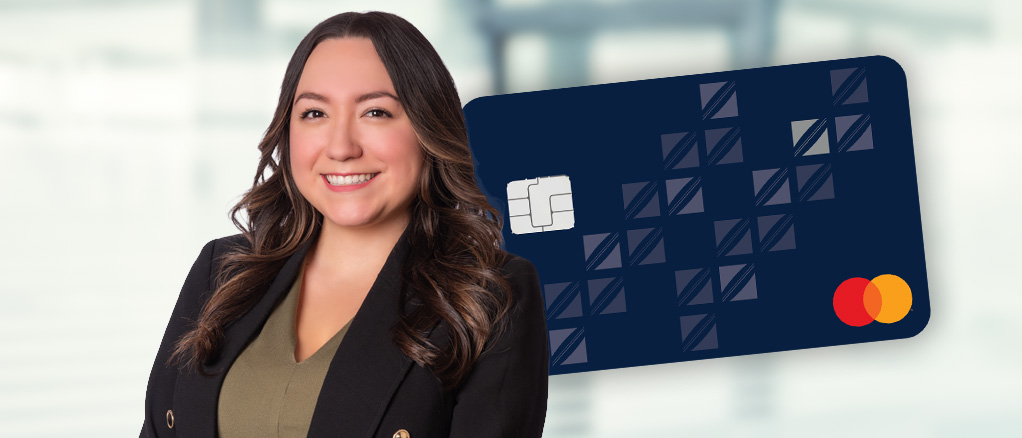Banker standing in front of our corporate card.